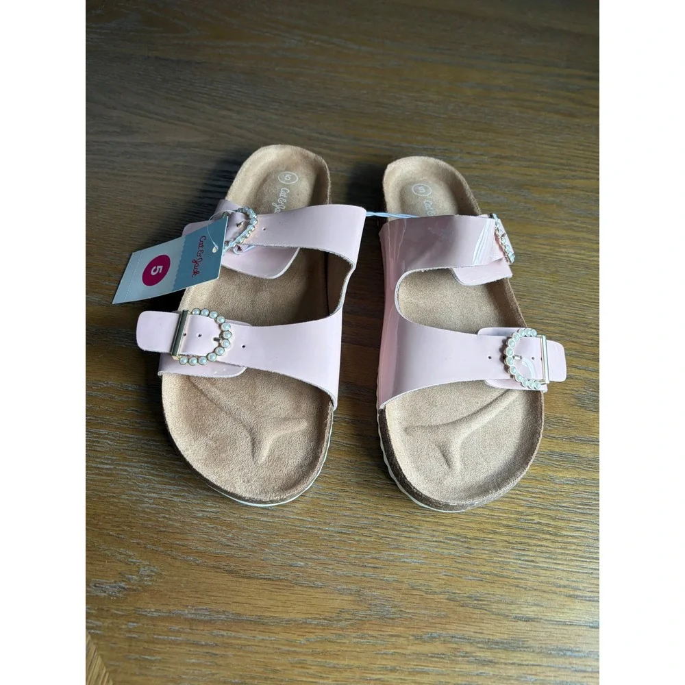Cat & Jack Drew Pink Patent Pearl Buckle Slide Sandals Kids Size 5 NWT